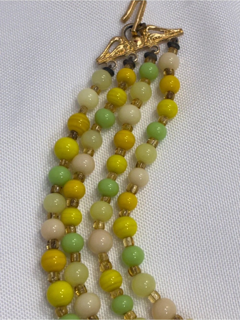 Vintage Multi-strand Pastel Bead Necklace - Yellow, Lime, Pale Peach Art Glass